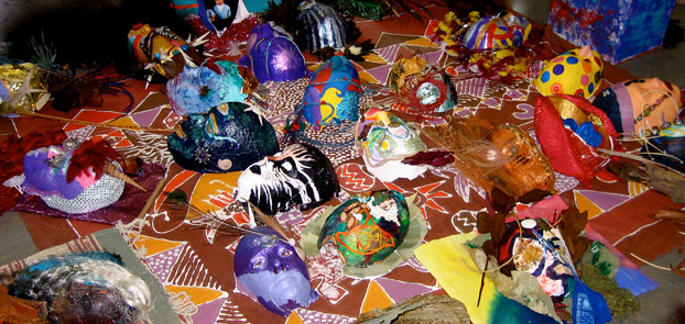 colorful array of masks from San Francisco State University workshop